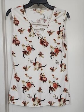 Wishful Park White Floral V-Neck Tank with Rust Blooms